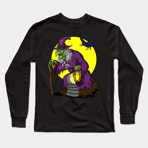 Scary Witch And Raven Halloween Long Sleeve T-Shirt by underheaven